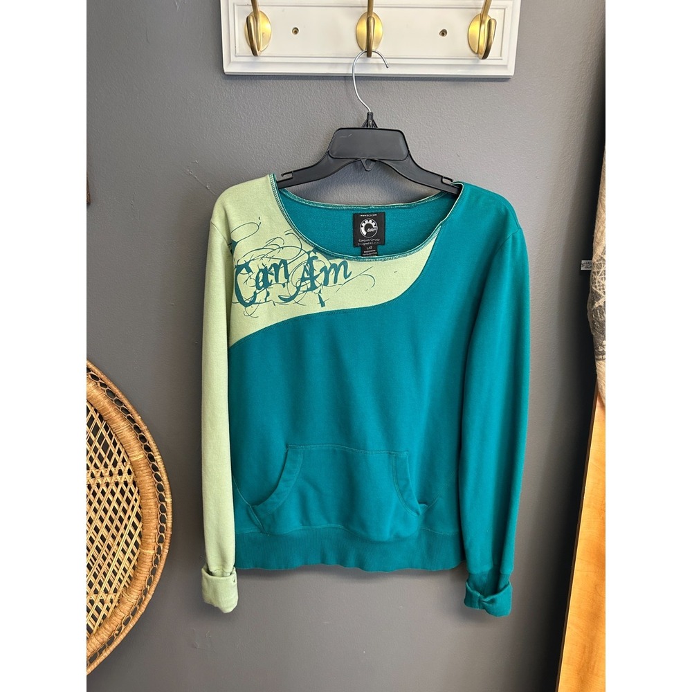 BRP Womens Size Large Can Am Sweatshirt Teal Graphic Long Sleeve Wide Neck Top